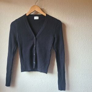 Wilfred Aritzia Wool Blend Black Ribbed V-Neck Button Cardigan
